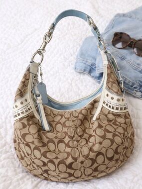 Coach Hobo Bag Brown Canvas White Leather Trim Silver Hardware Blue Lining